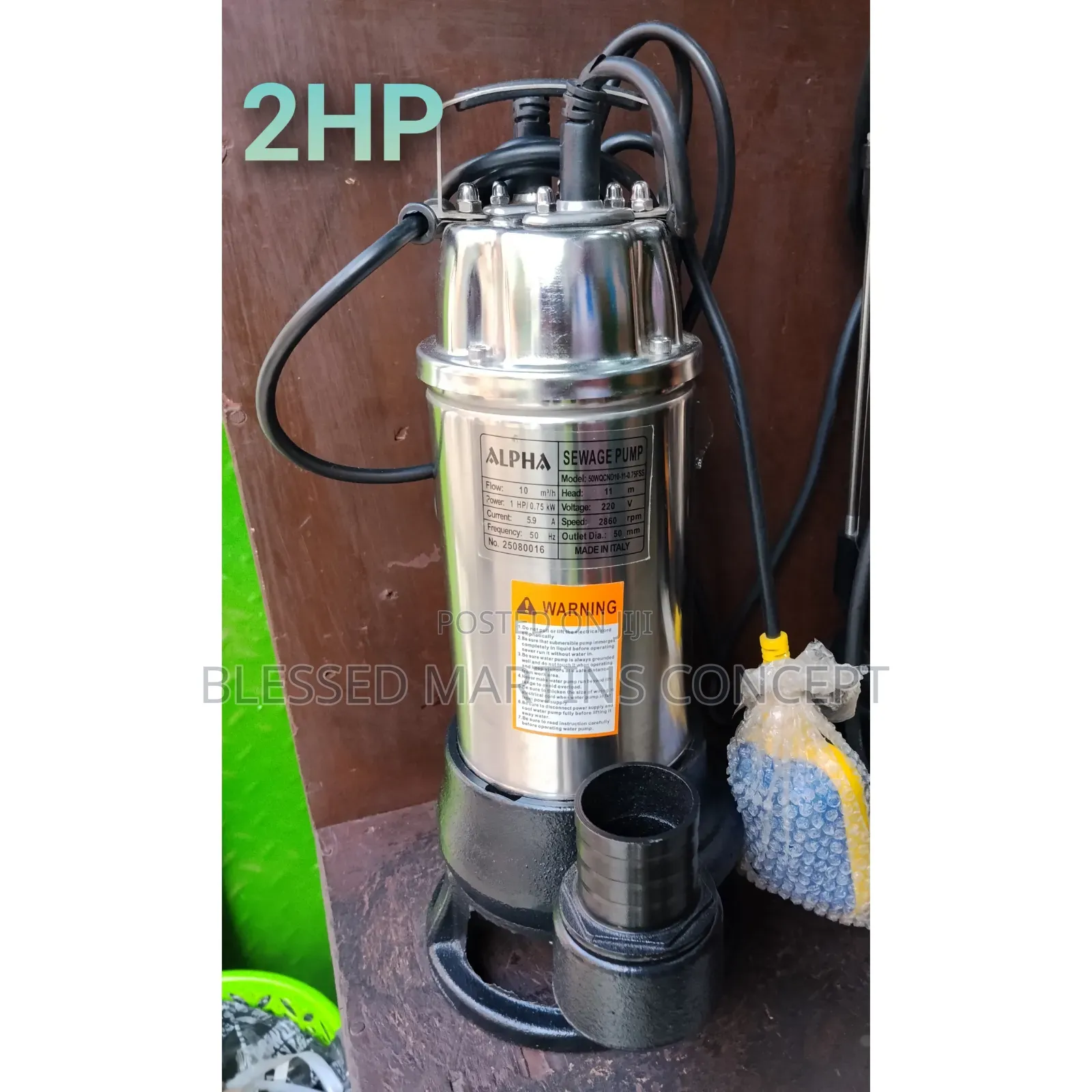 2hp Sewage With Grinder Submersible Italian Stainless Pump.100% Copper