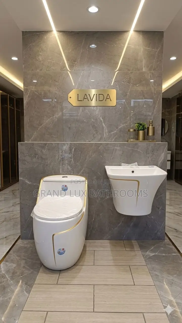 **Luxury One-Piece Toilet Wall-Mounted Basin Set With Gold Trim