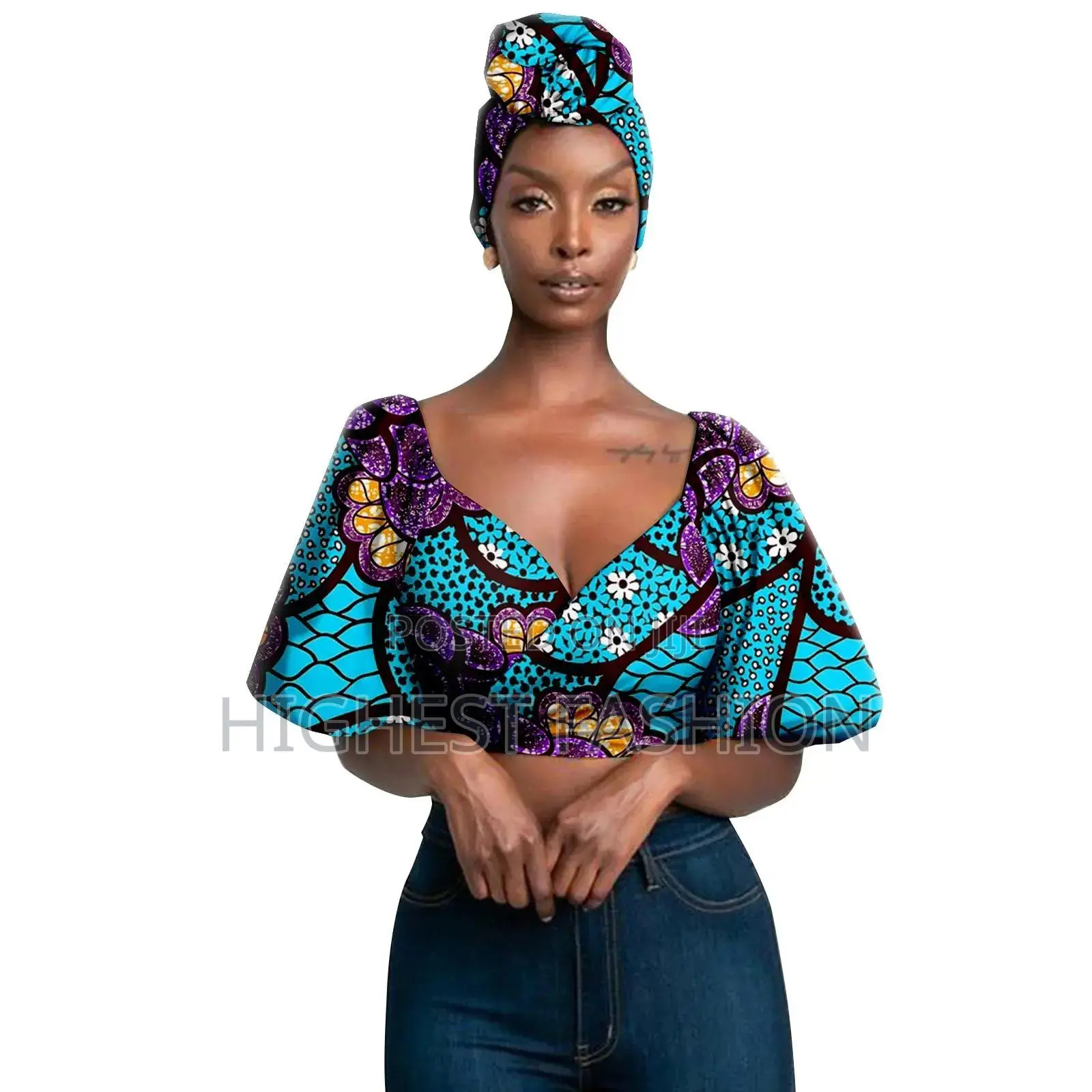 Lantern Sleeve Print Crop Top