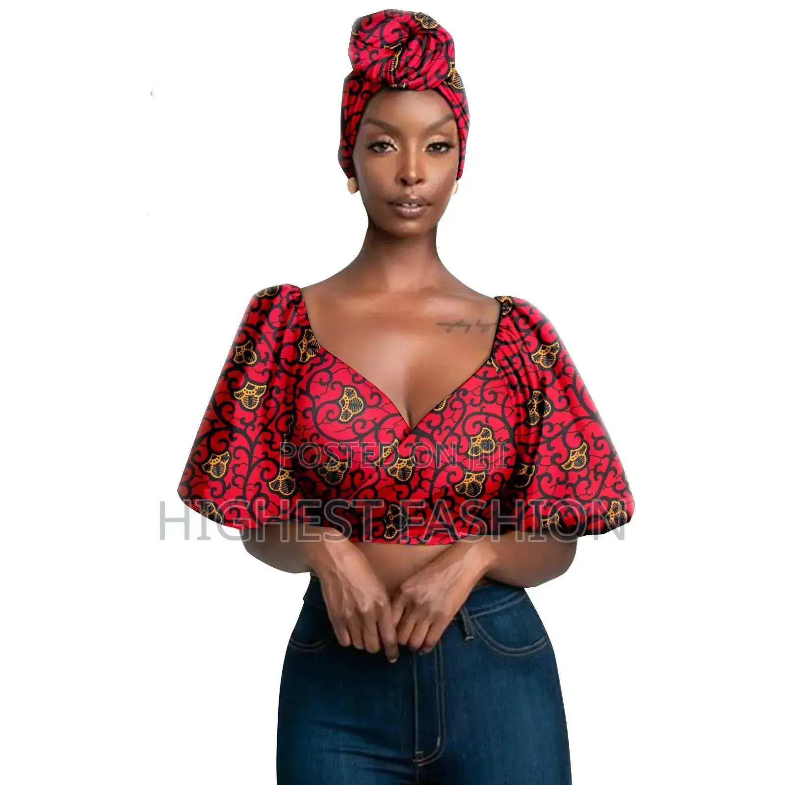 Lantern Sleeve Print Crop Top