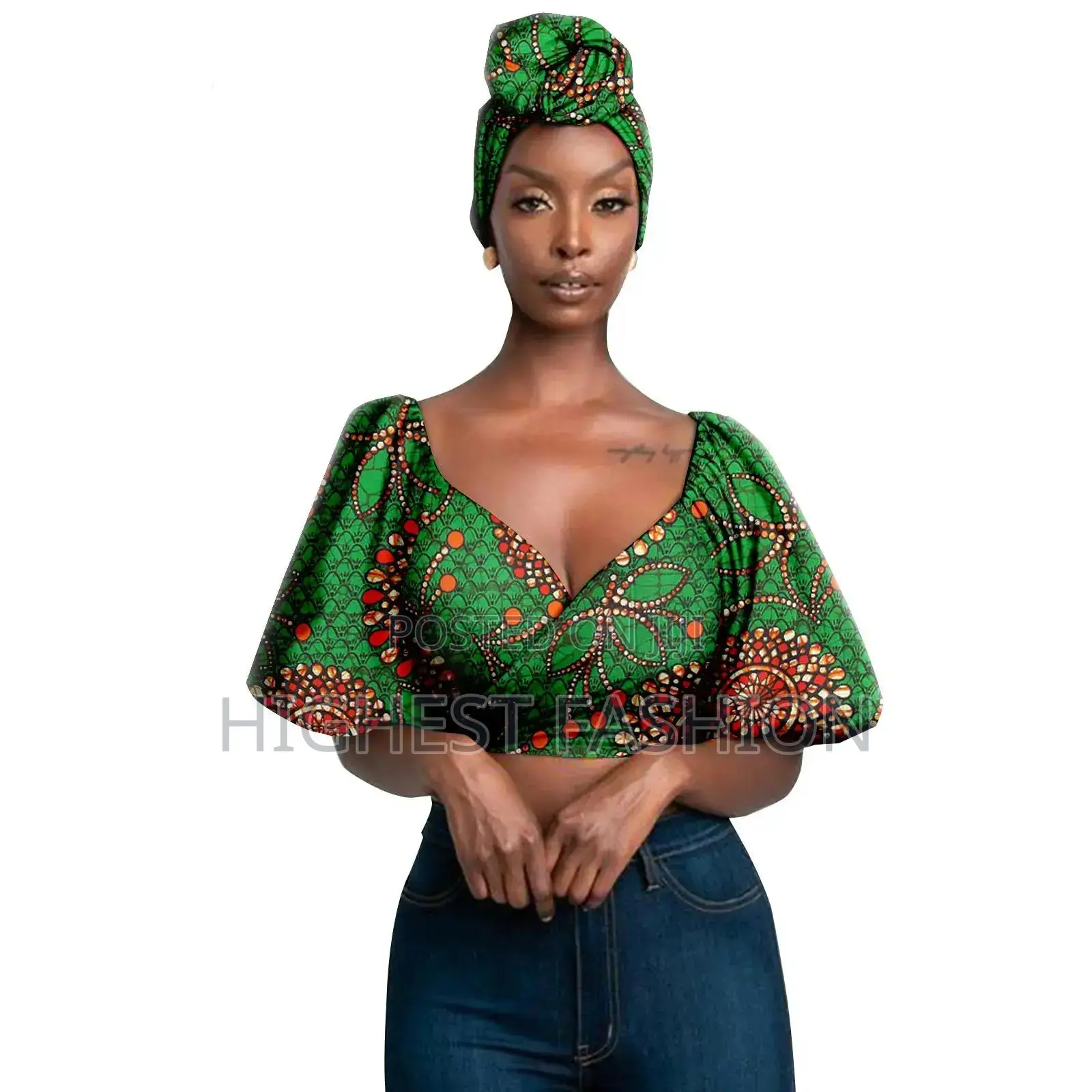Lantern Sleeve Print Crop Top