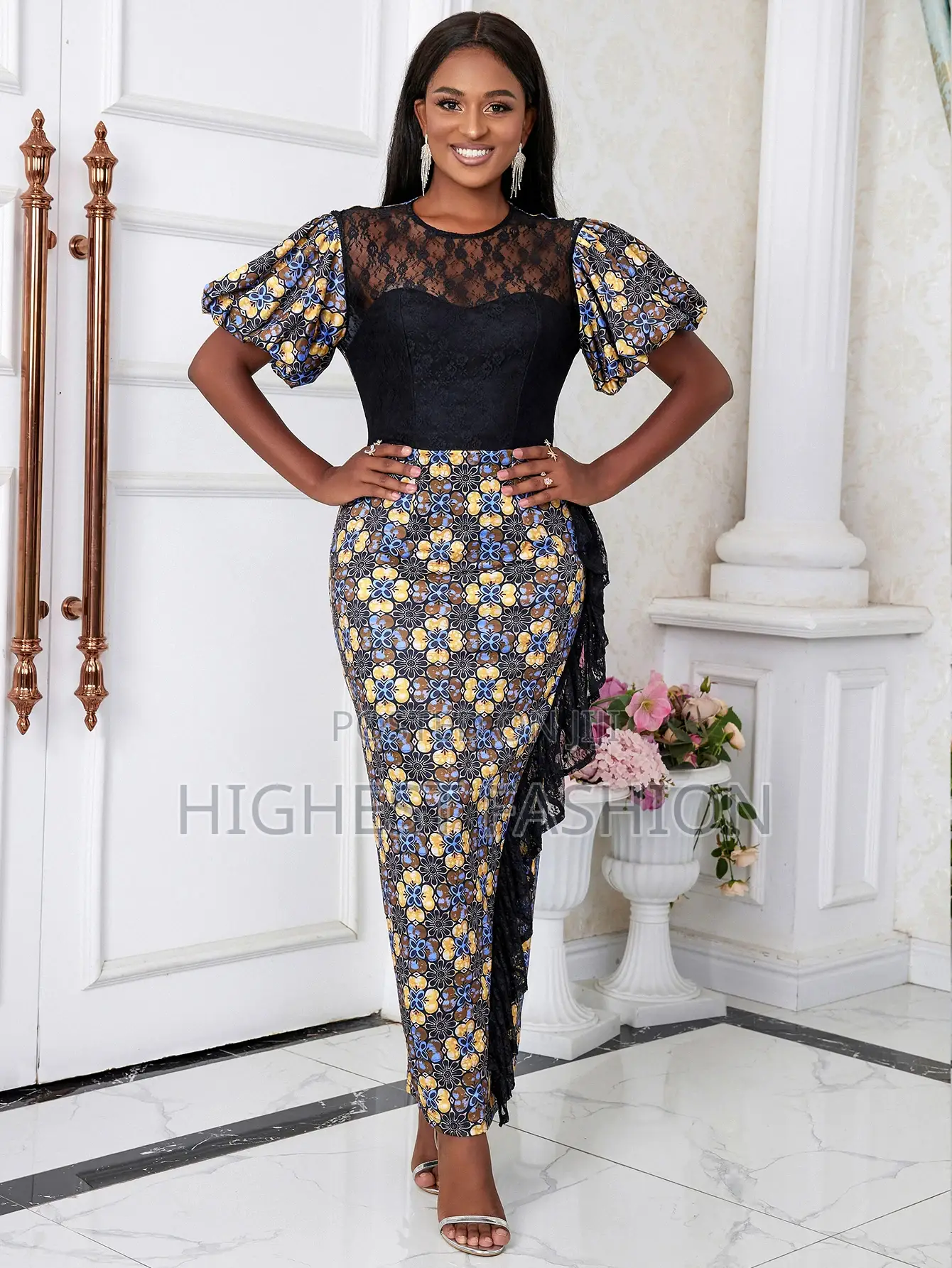 Lace Patchwork Puff Sleeve Ruffles Print Dress