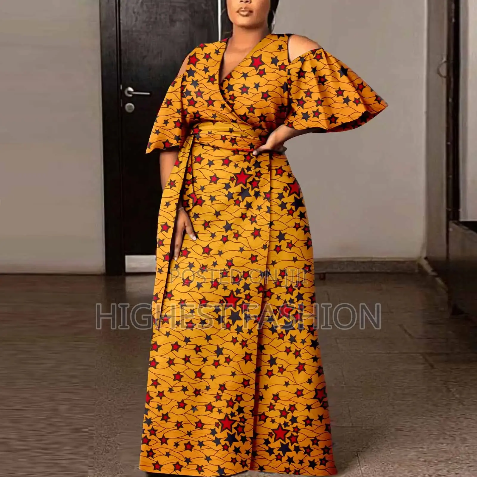 Flare Sleeve Print Front Slit Dress With Front Belt