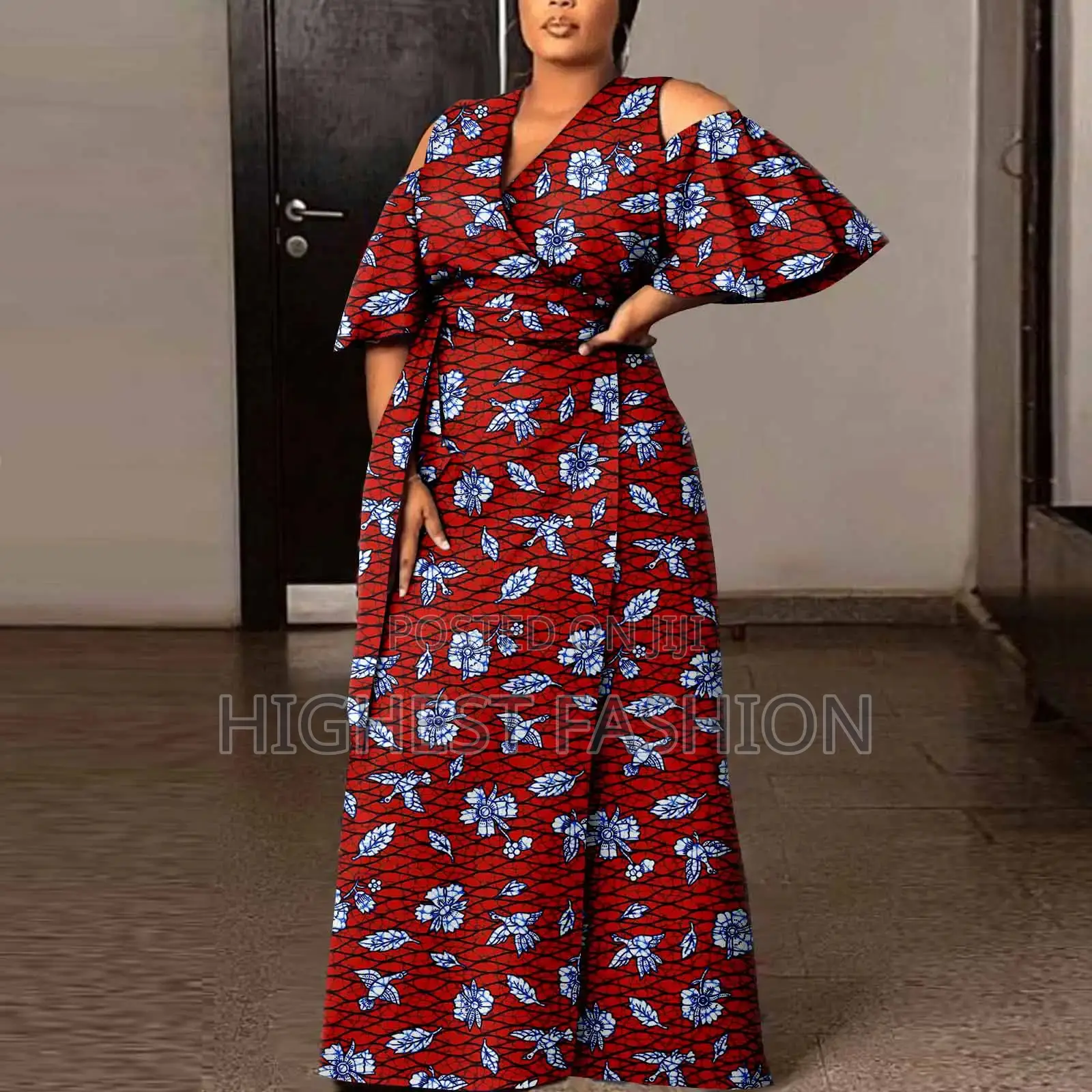 Flare Sleeve Print Front Slit Dress With Front Belt