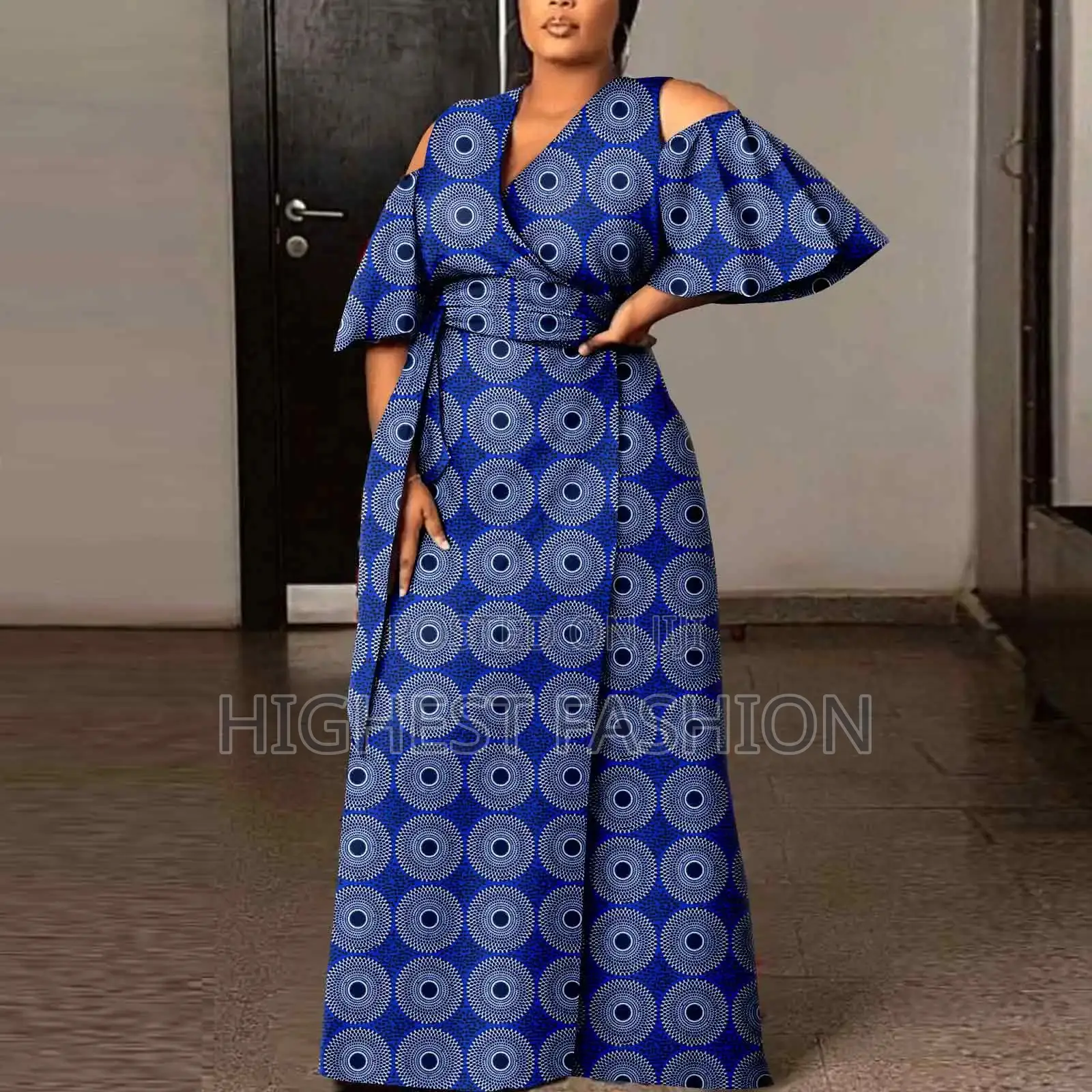 Flare Sleeve Print Front Slit Dress With Front Belt