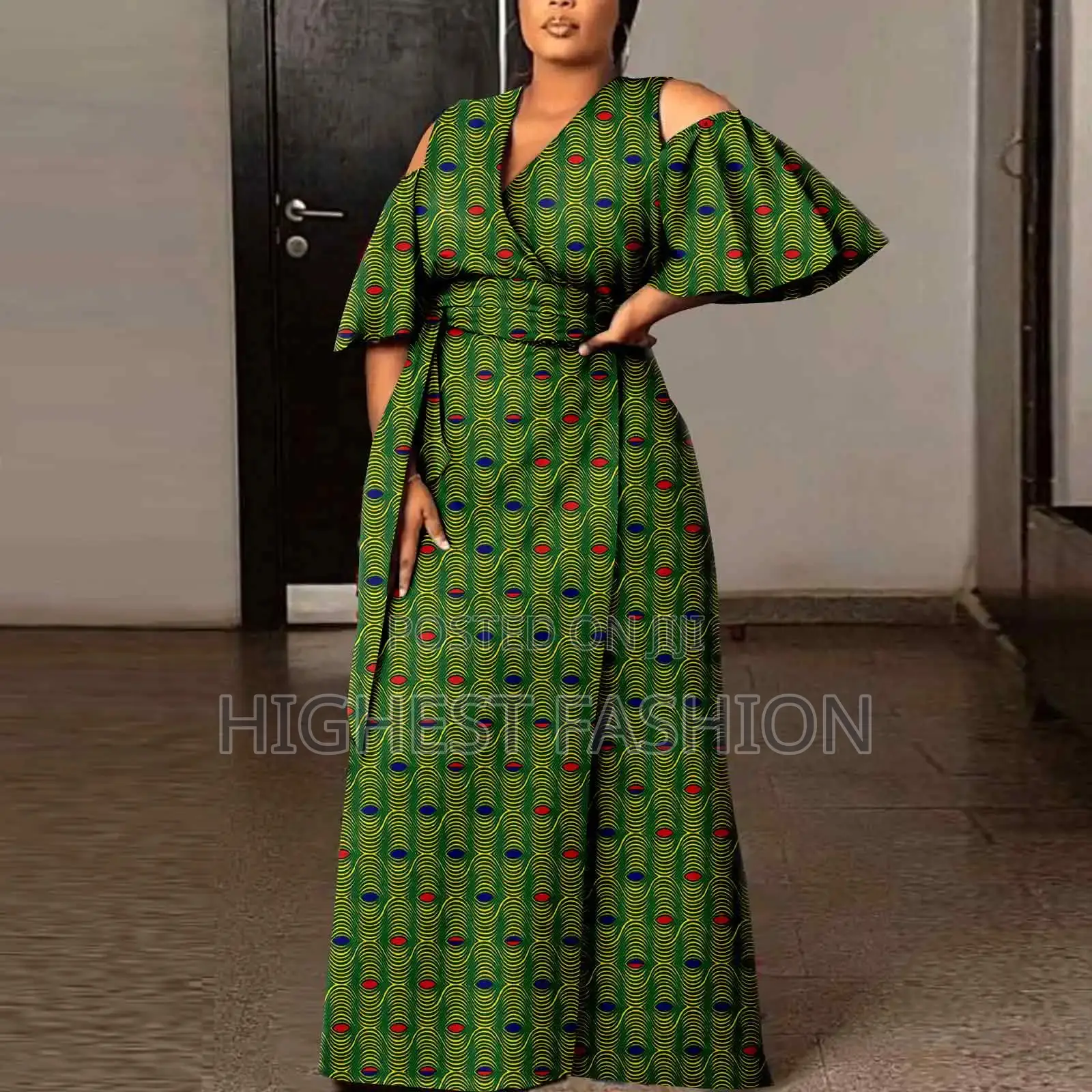 Flare Sleeve Print Front Slit Dress With Front Belt