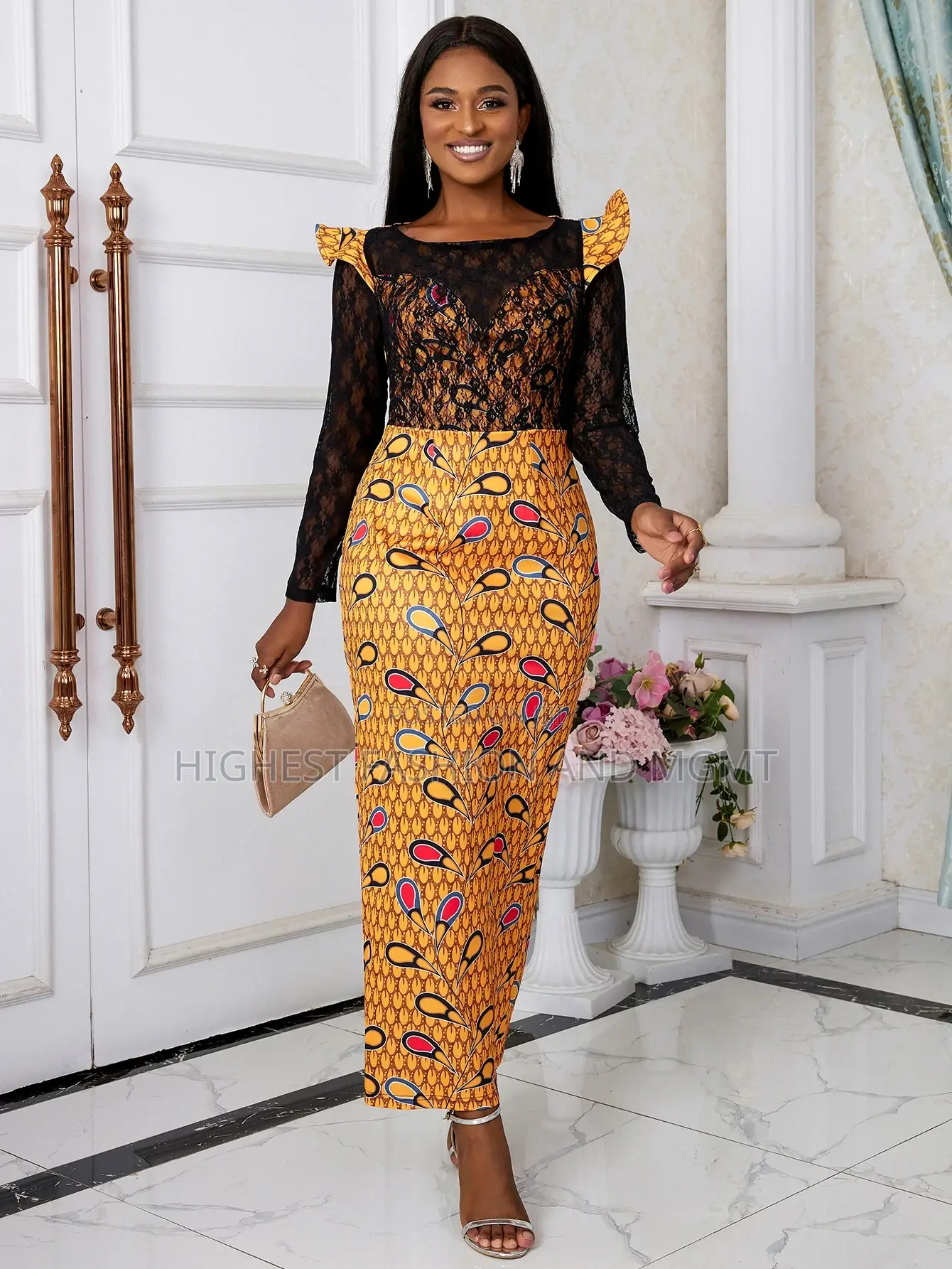 Long Sleeve See Through Print Gown