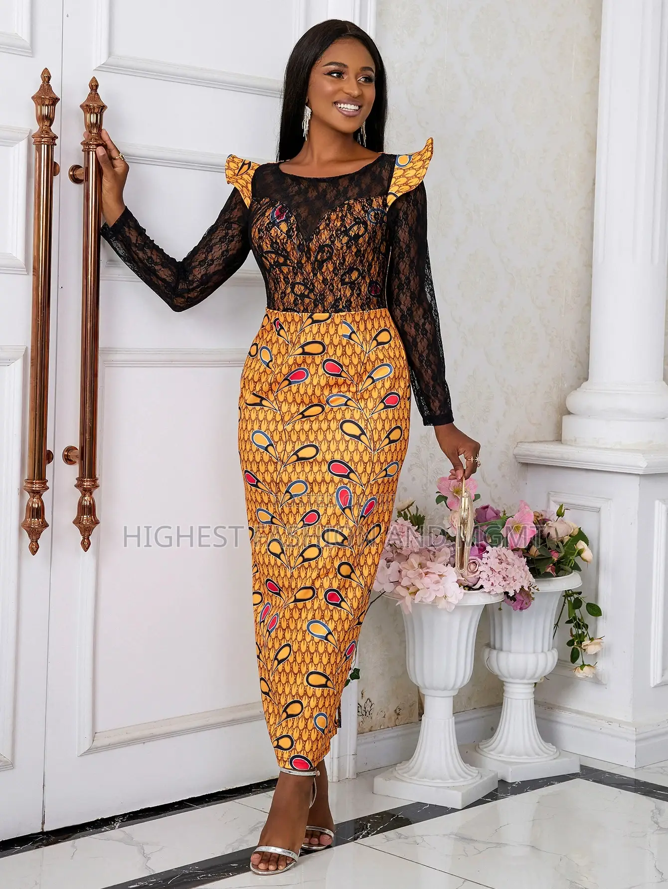 Long Sleeve See Through Print Gown