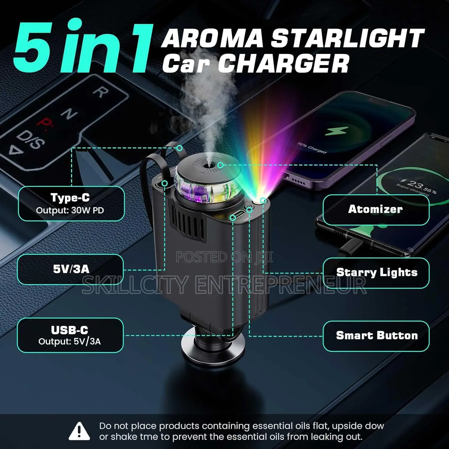 5-in-1 Retractable Car Charger With Aromatherapy And Starlight