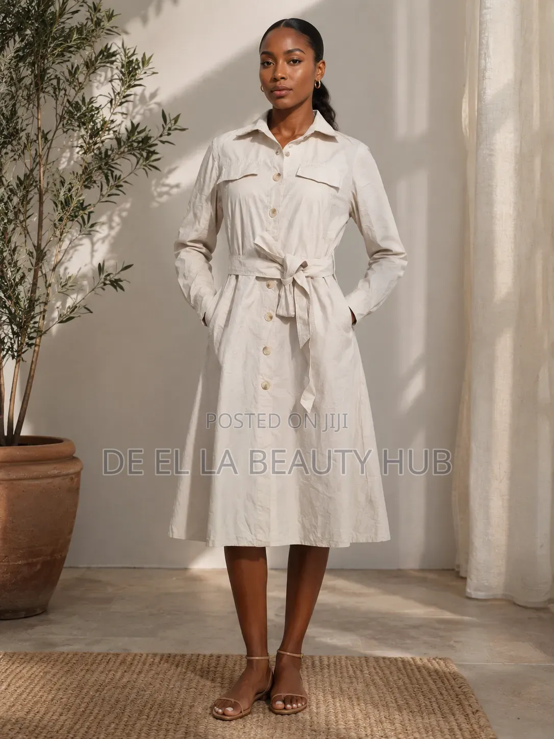 Button-Down Midi Shirt Dress – Cream White