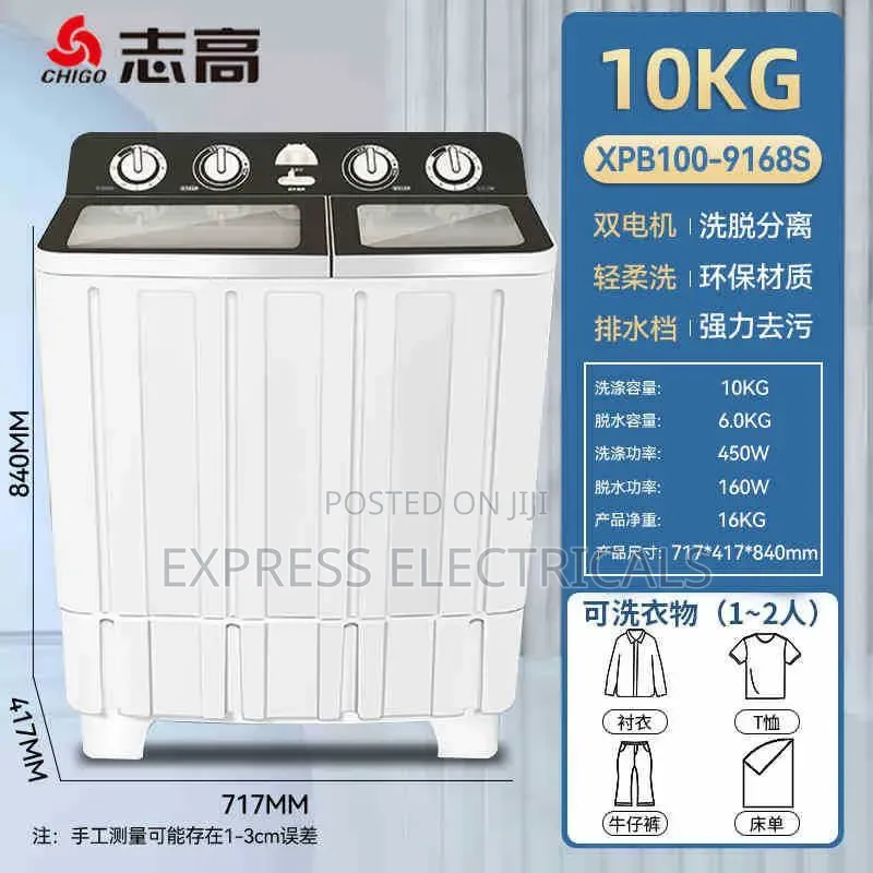 Chigo 10kg Twin Tub Washing Machine + Spin Dryer - Semi Auto - New