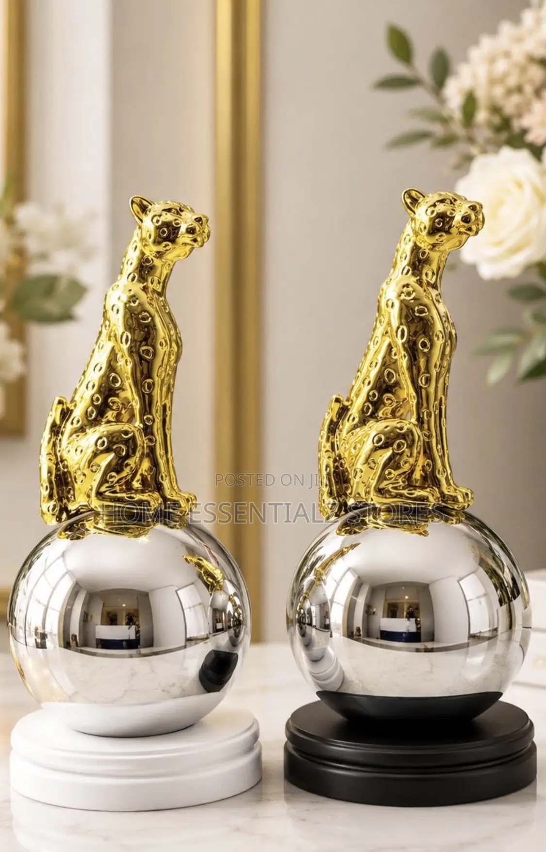 Gold Leopard Figurine on Chrome Sphere- On Guard Luxury Decor Ornament