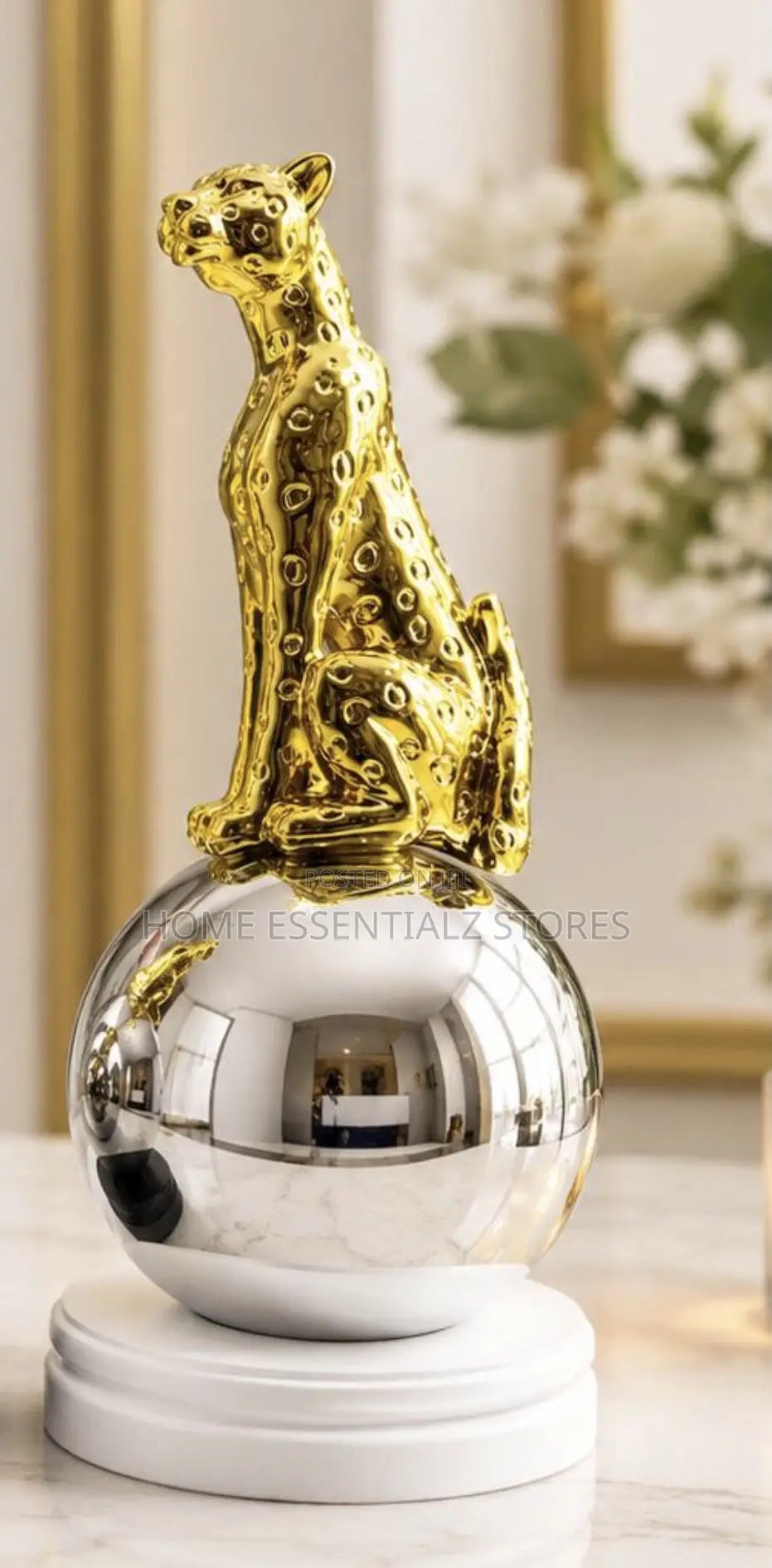 Gold Leopard Figurine on Chrome Sphere- On Guard Luxury Decor Ornament
