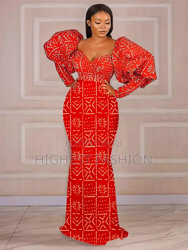 Lantern Sleeve Mermaid Print Gown