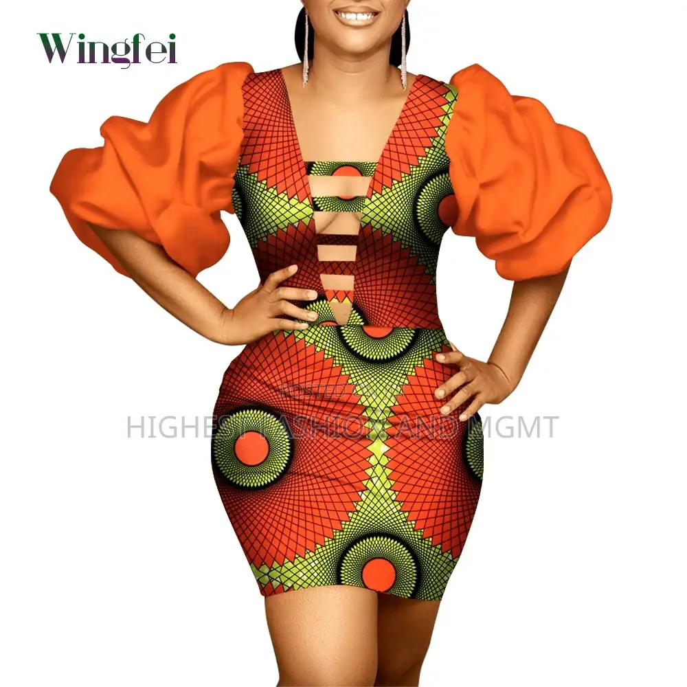 Bob Sleeve v-Neck Hollow Out Print Dress