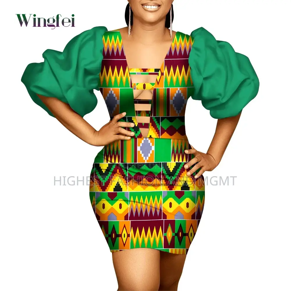 Bob Sleeve v-Neck Hollow Out Print Dress