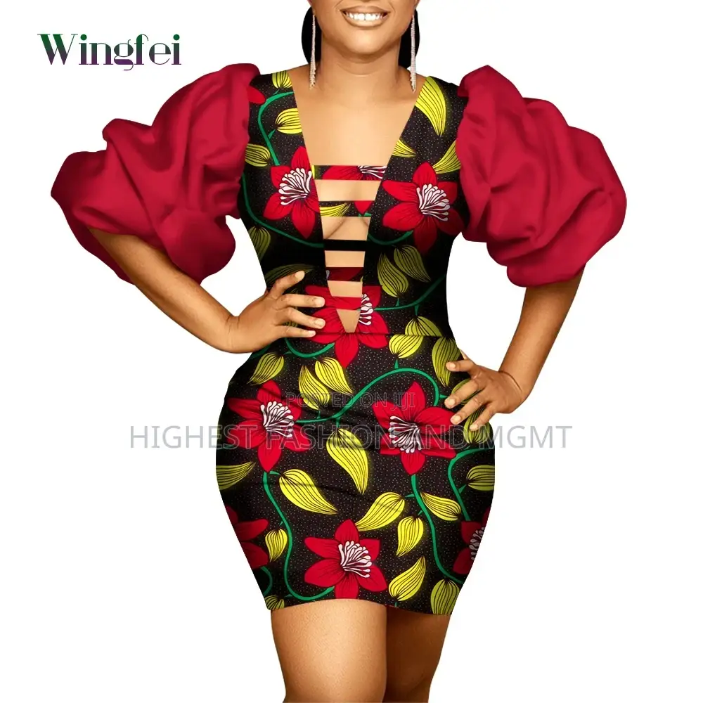Bob Sleeve v-Neck Hollow Out Print Dress
