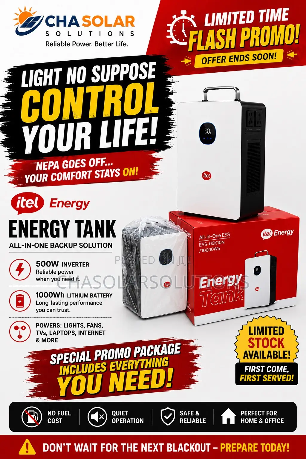 Itel 500w Inverter Power Tank + 1kwh Lifepo4 Battery All-in-one Solar
