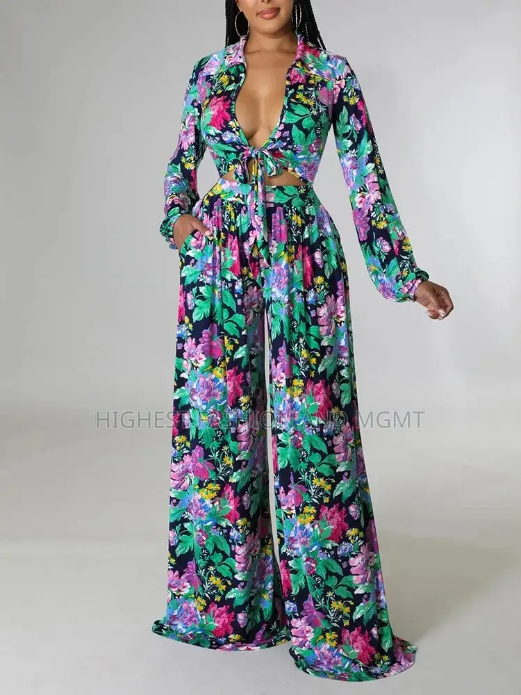 Floral Print Crop Top and Wide Leg Pant