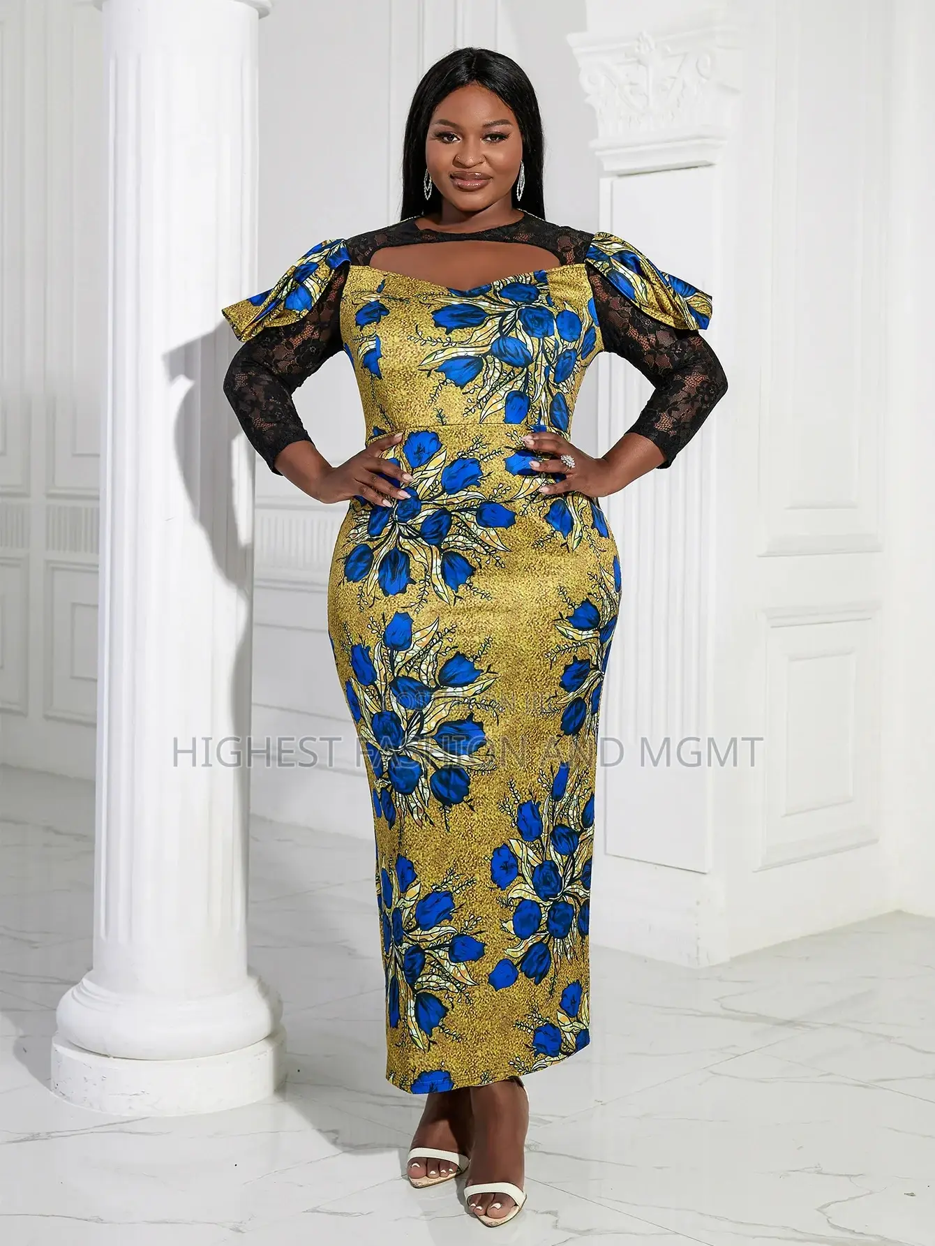 Cut Out Chest Lace Sleeve Print Dress