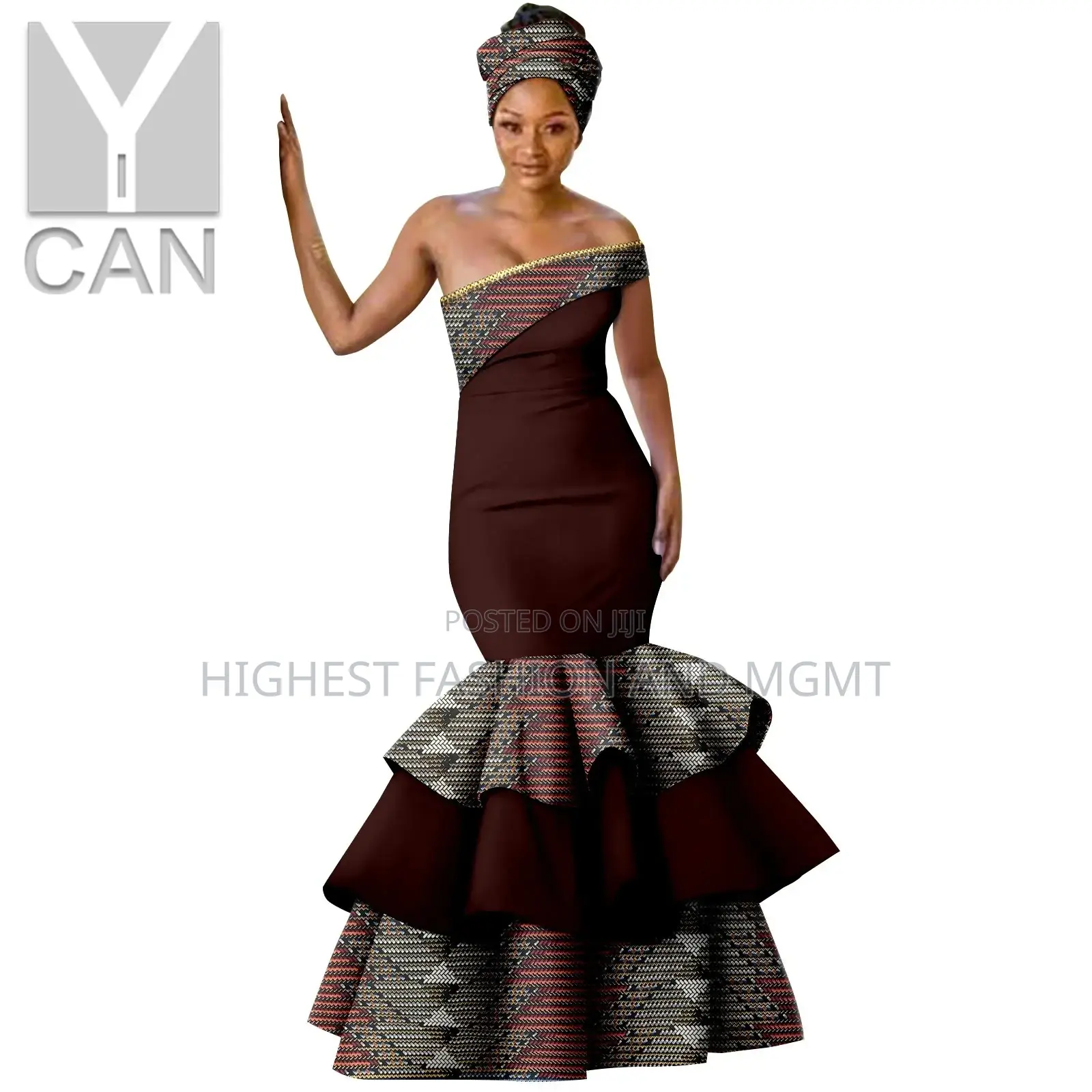 Print Ruffles Long Mermaid Dress With Headwrap