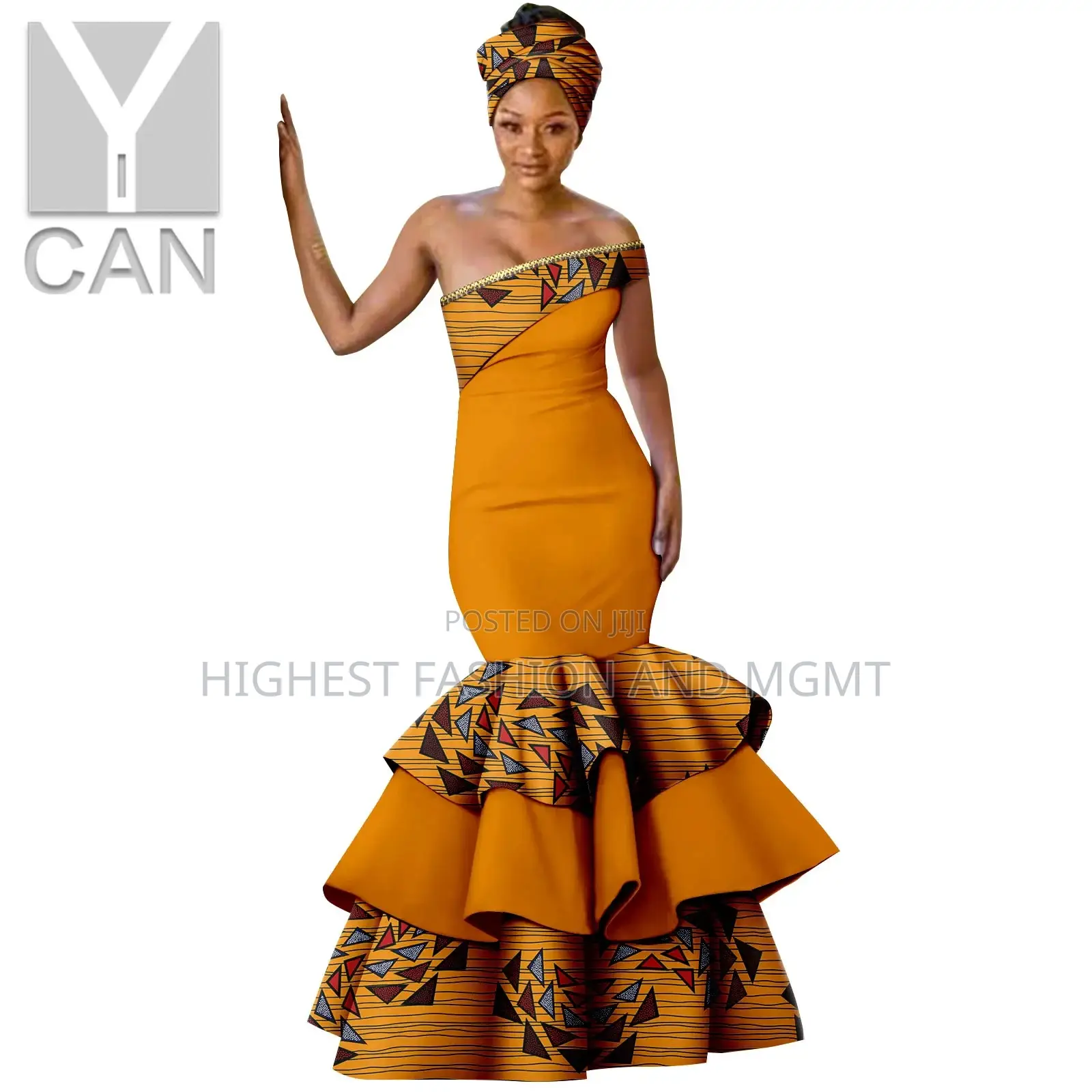 Print Ruffles Long Mermaid Dress With Headwrap
