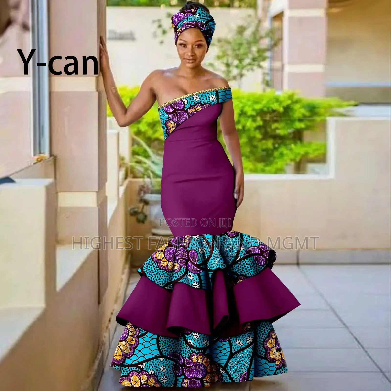 Print Ruffles Long Mermaid Dress With Headwrap