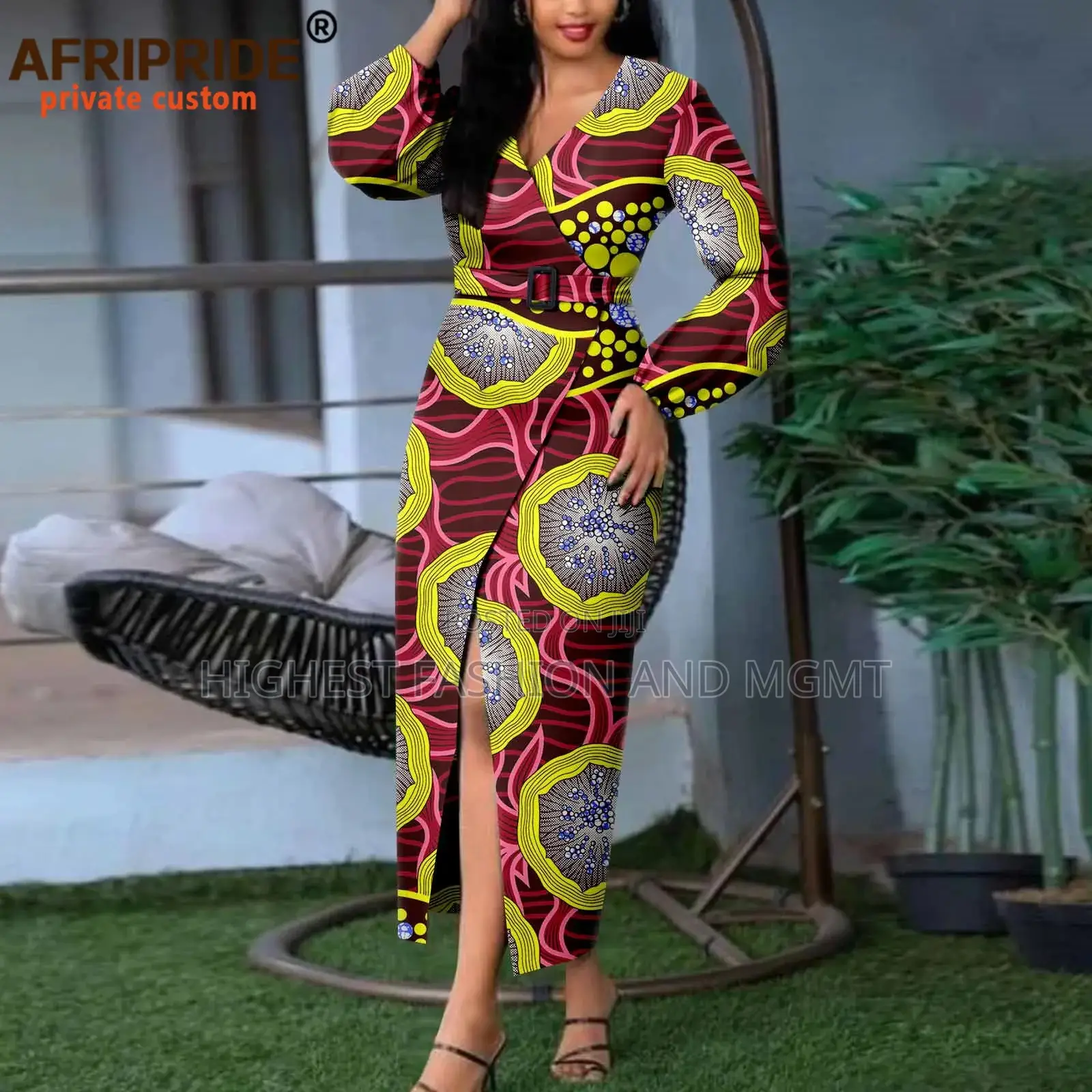 V-Neck Long Sleeve Front Slit Print Dress