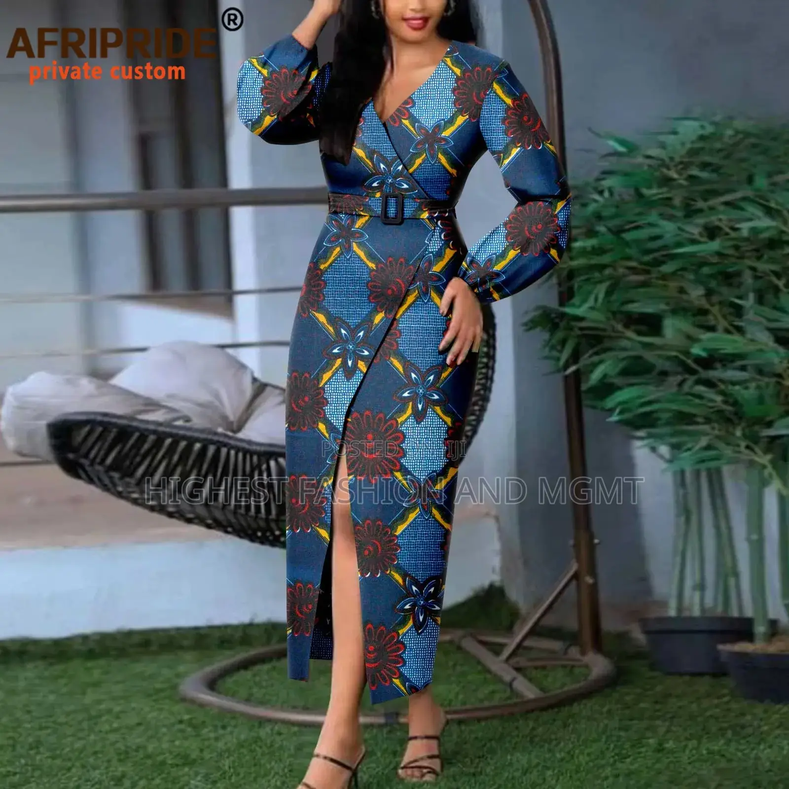 V-Neck Long Sleeve Front Slit Print Dress
