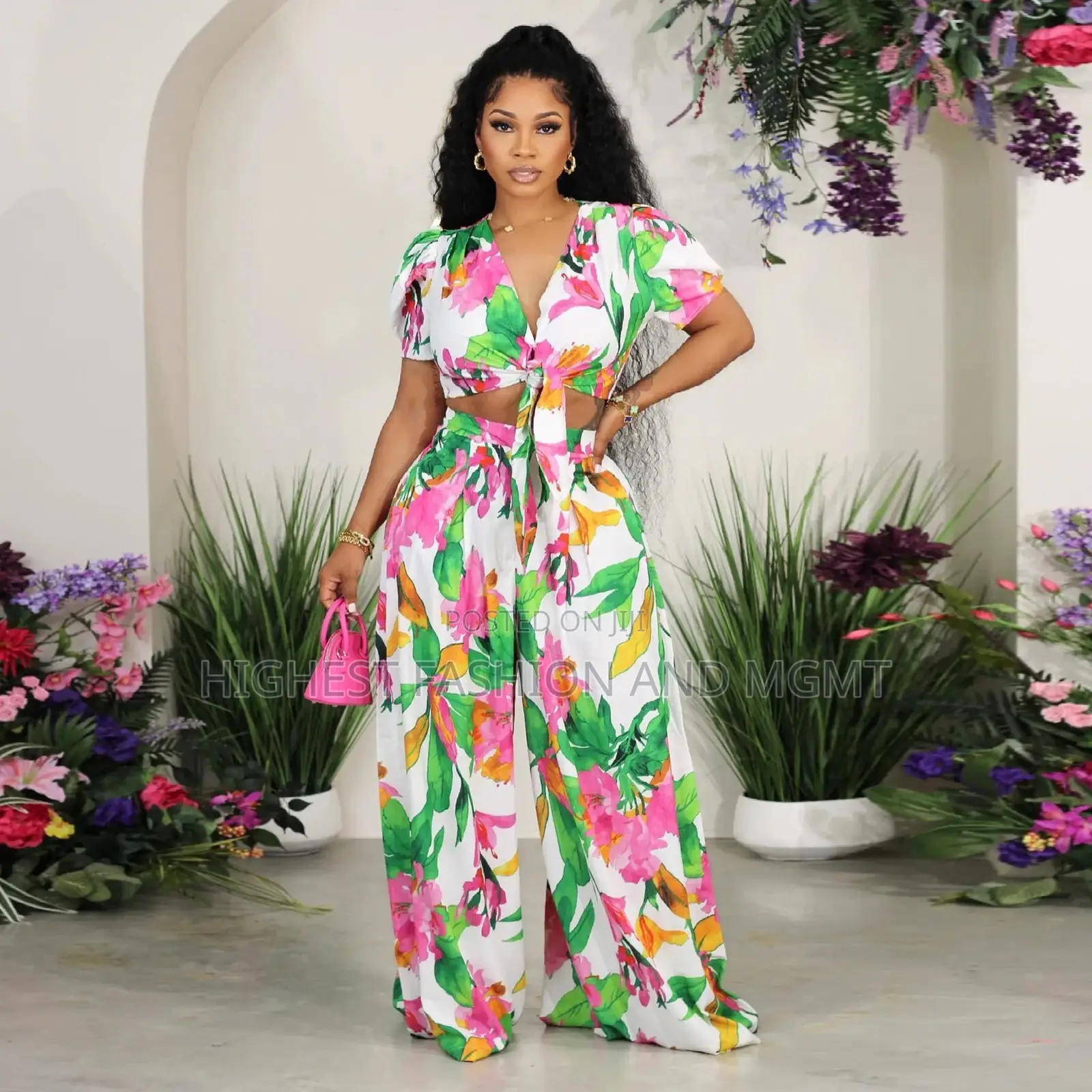 Floral Set Short Sleeve Tie Up Shirt and Wide Leg Loose Pants