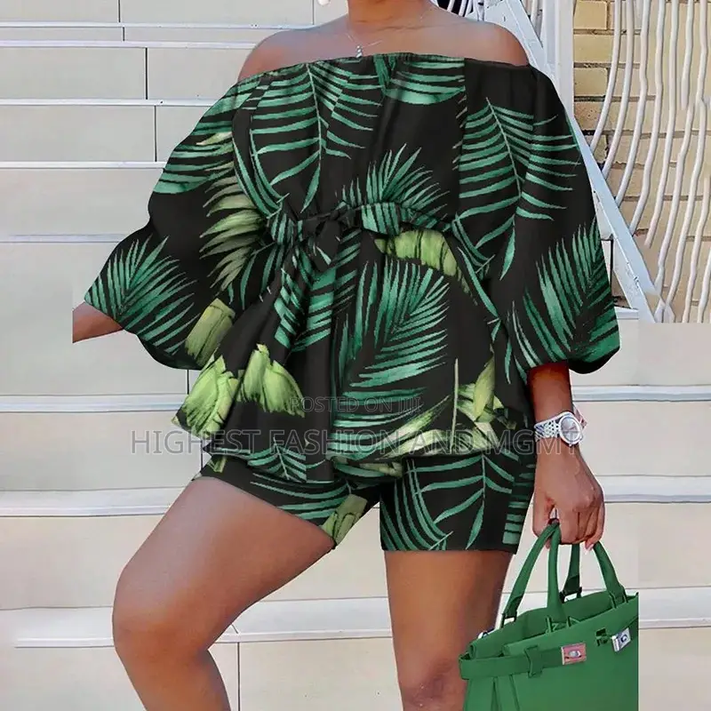 2 Piece Slash Neck Three Quarter Puff Sleeve Short