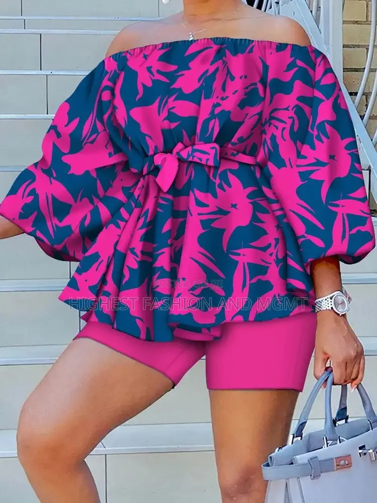 2 Piece Slash Neck Three Quarter Puff Sleeve Short