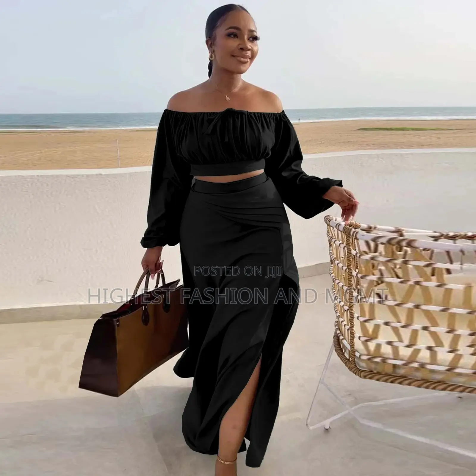 2 Piece Off Shoulder Long Sleeve Crop Top and Side Slit Maxi Skirt