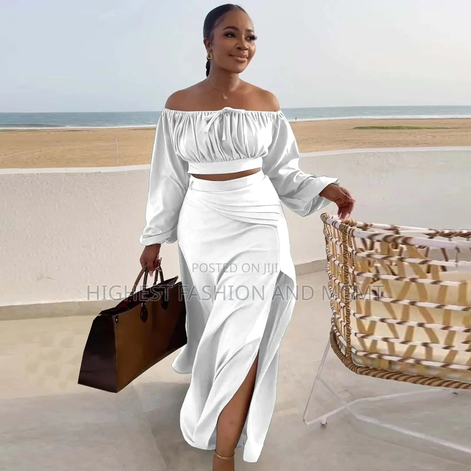 2 Piece Off Shoulder Long Sleeve Crop Top and Side Slit Maxi Skirt