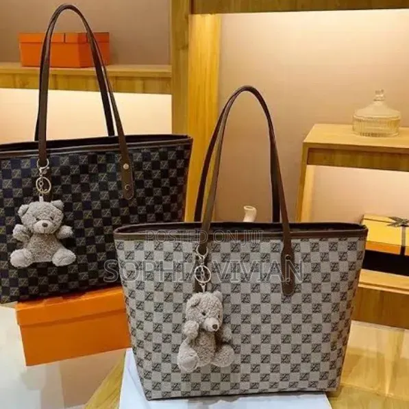 Monogram White Tote Bag With Orange Trim Bear Charm