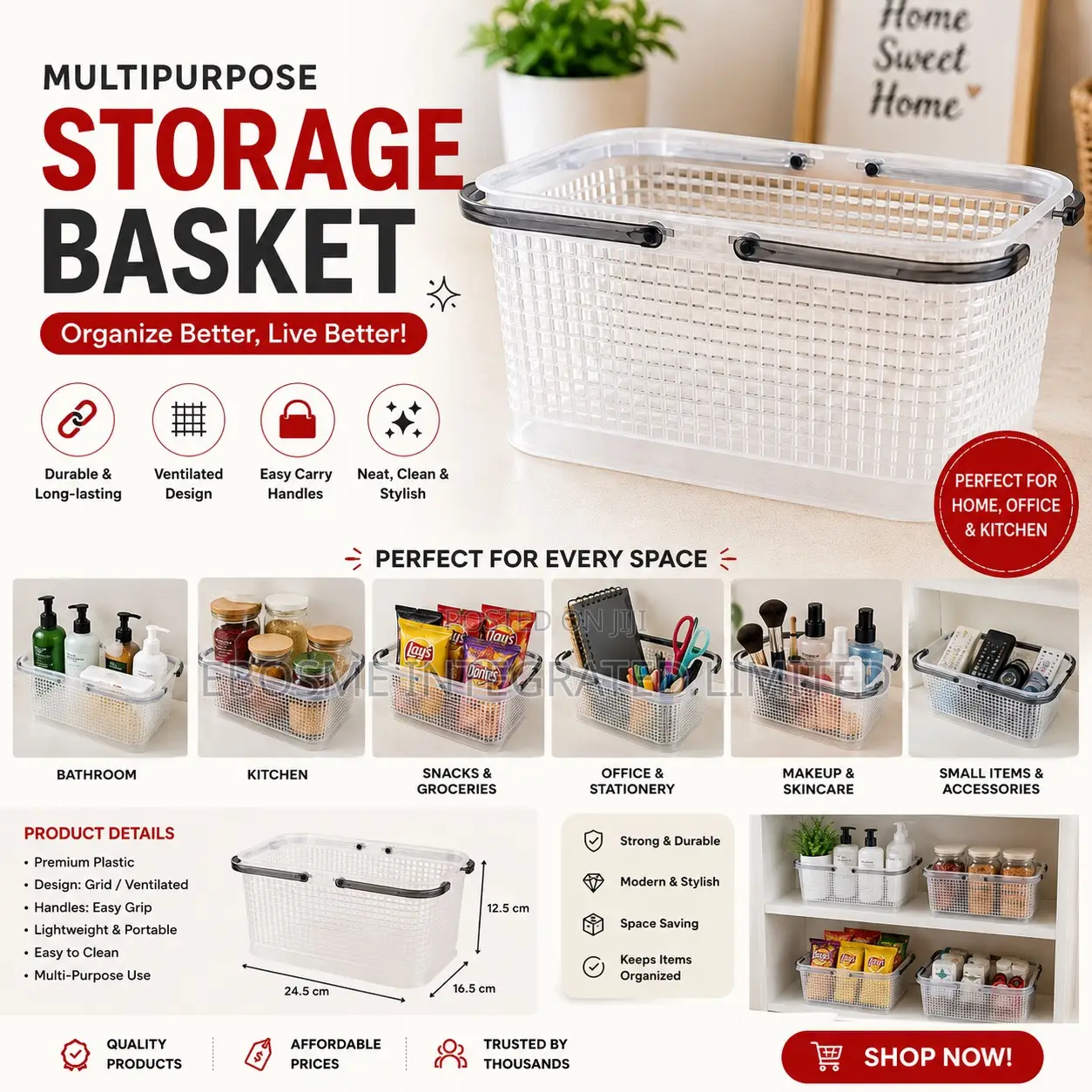Multipurpose Storage Ventilated Organizer (H12.5 X L24.5 X W 16.5 Cm)