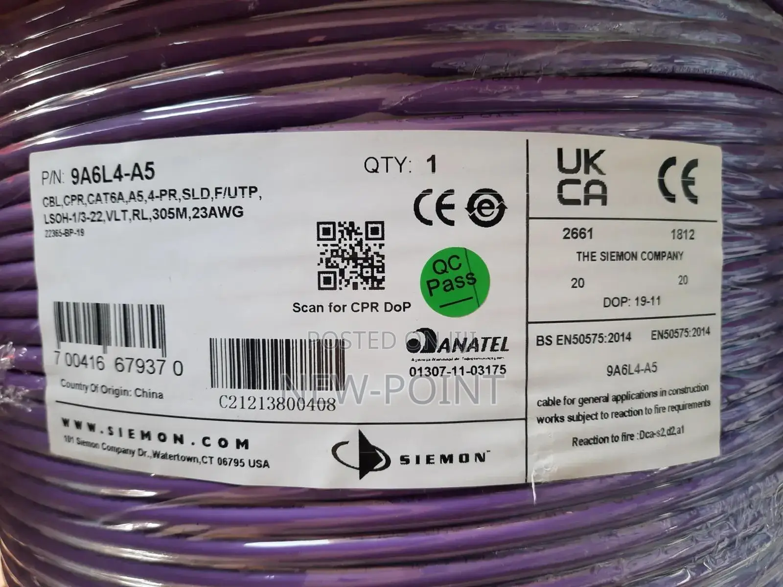 Siemon Cat6a F/Utp Shielded Network Cable 305m–Lsoh Violet Ethernet