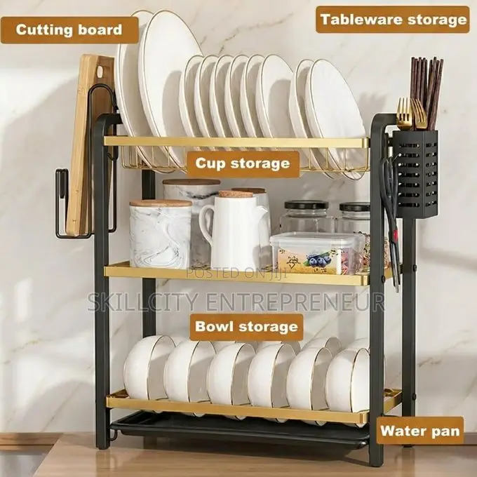 3-Tier Aluminum Dish Rack With a Gold-Colored Frame