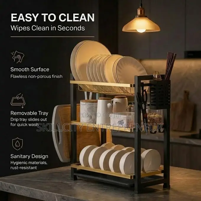 3-Tier Aluminum Dish Rack With a Gold-Colored Frame