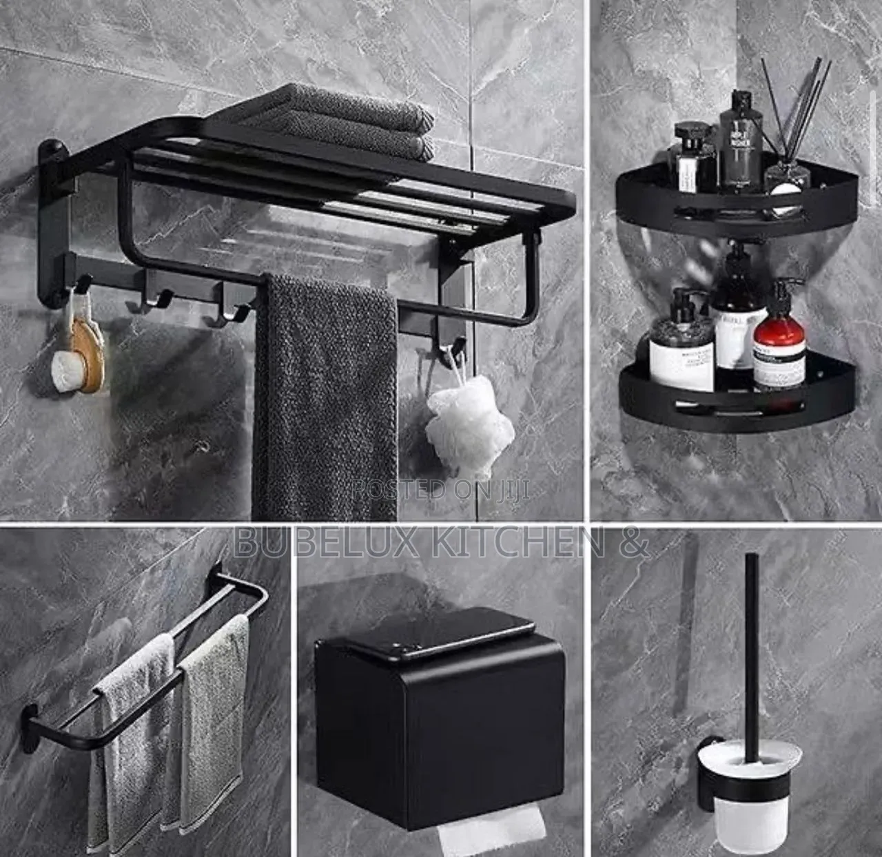 Luxury Matte Black Bathroom Set - Towel Rack, Corner Shelf, Tissue Box