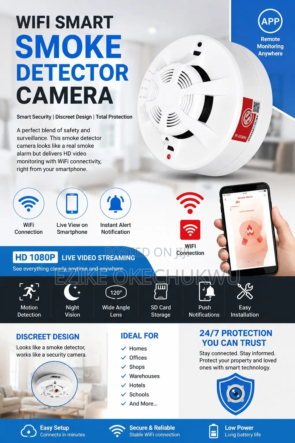 Wifi Smart Smoke Detector Camera , Lookcam App