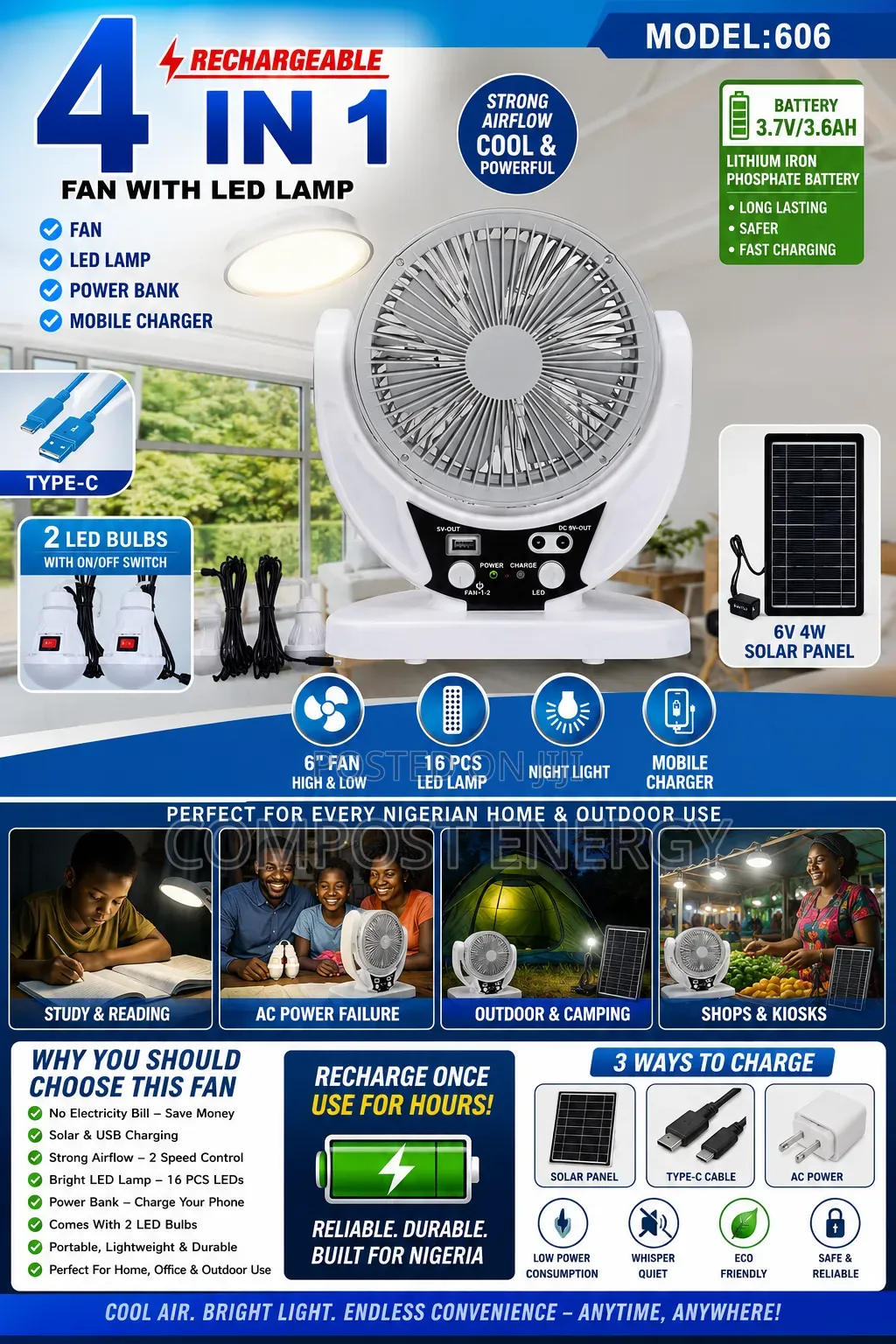 Desk/Table Powerbank Fan With Bulbs
