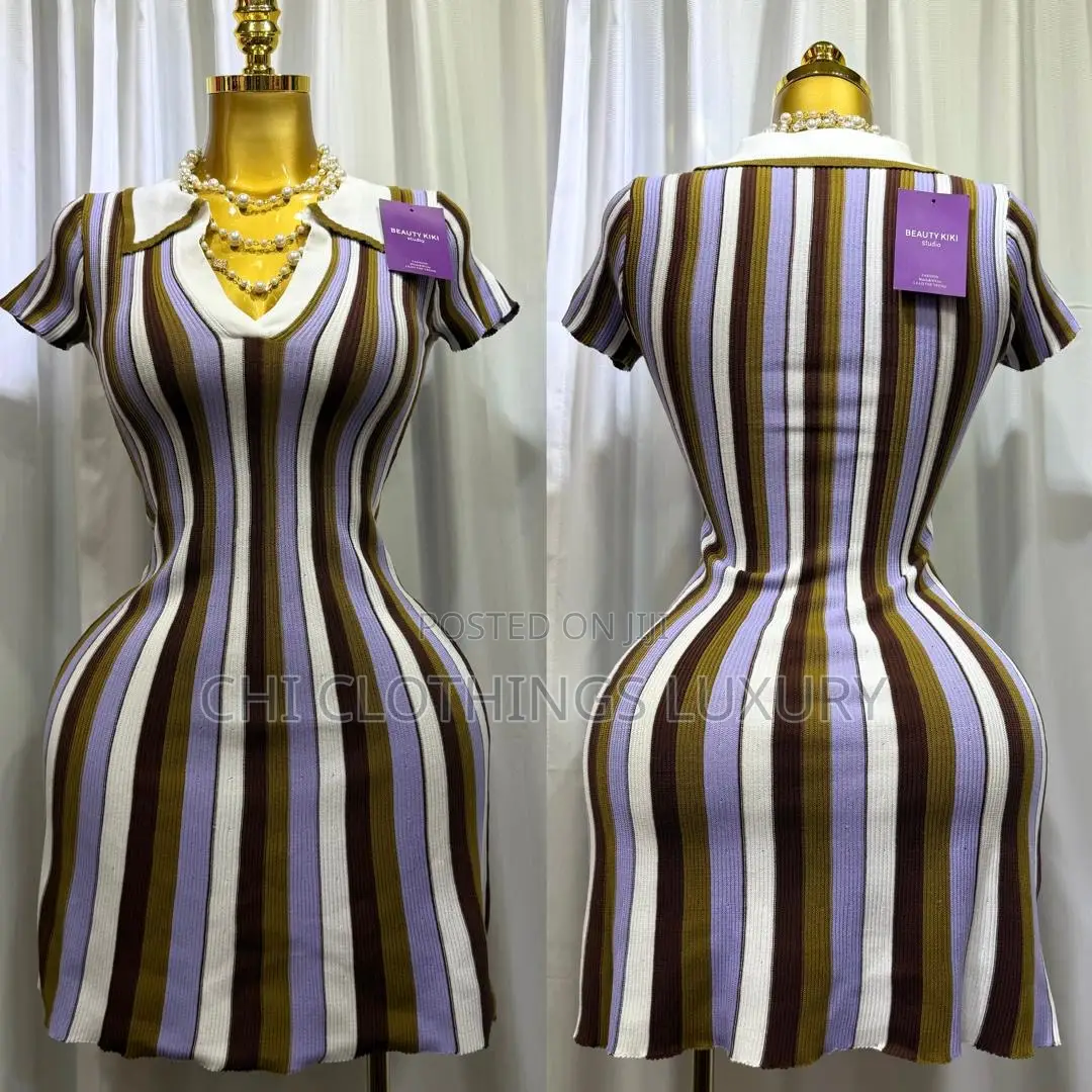 Elegant Women’S Striped Knit Mini Dress With Collar