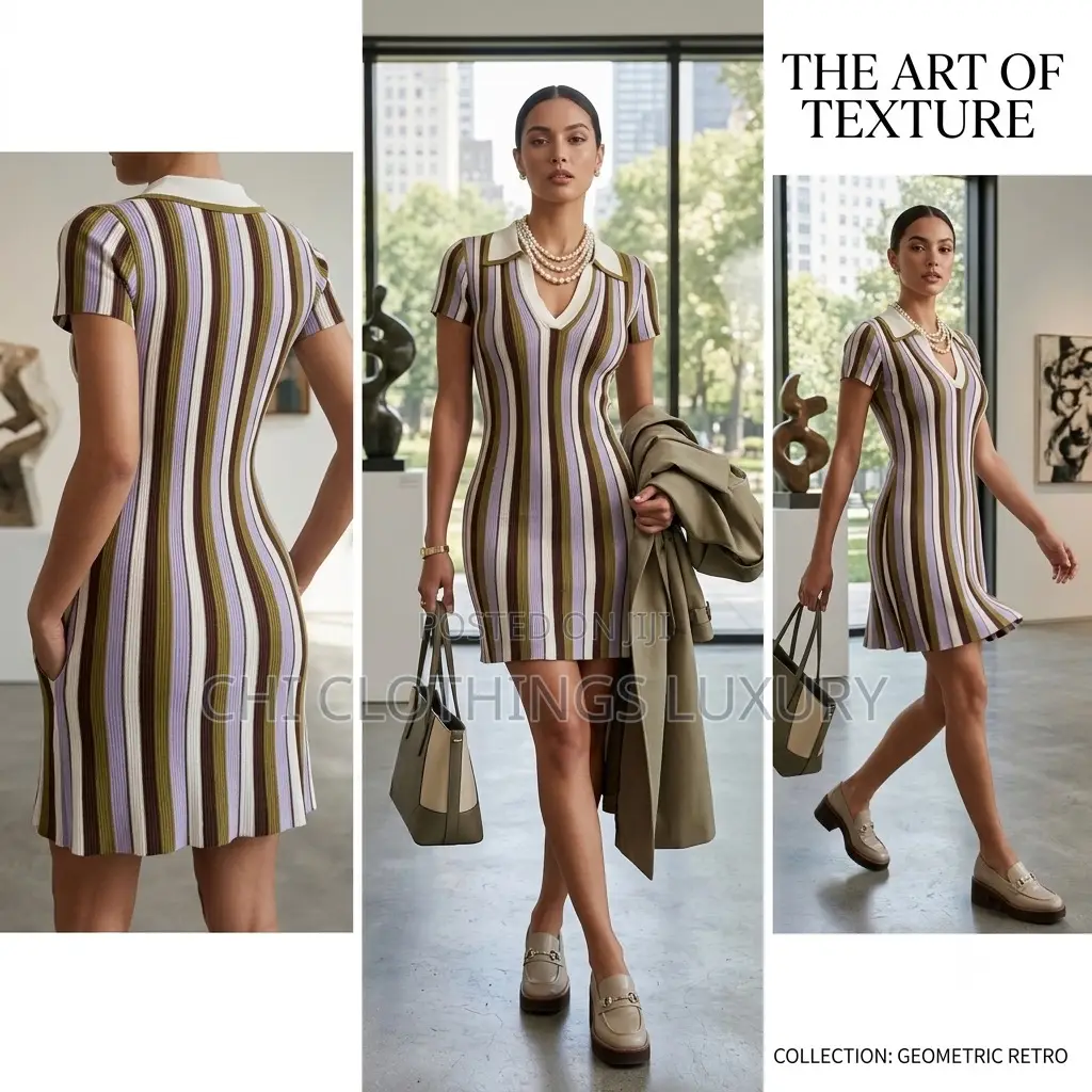 Elegant Women’S Striped Knit Mini Dress With Collar