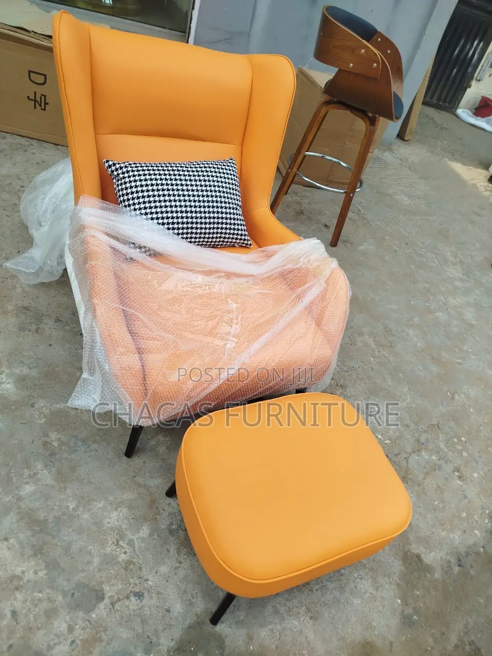 Luxury Orange Wingback Accent Chair With Ottoman