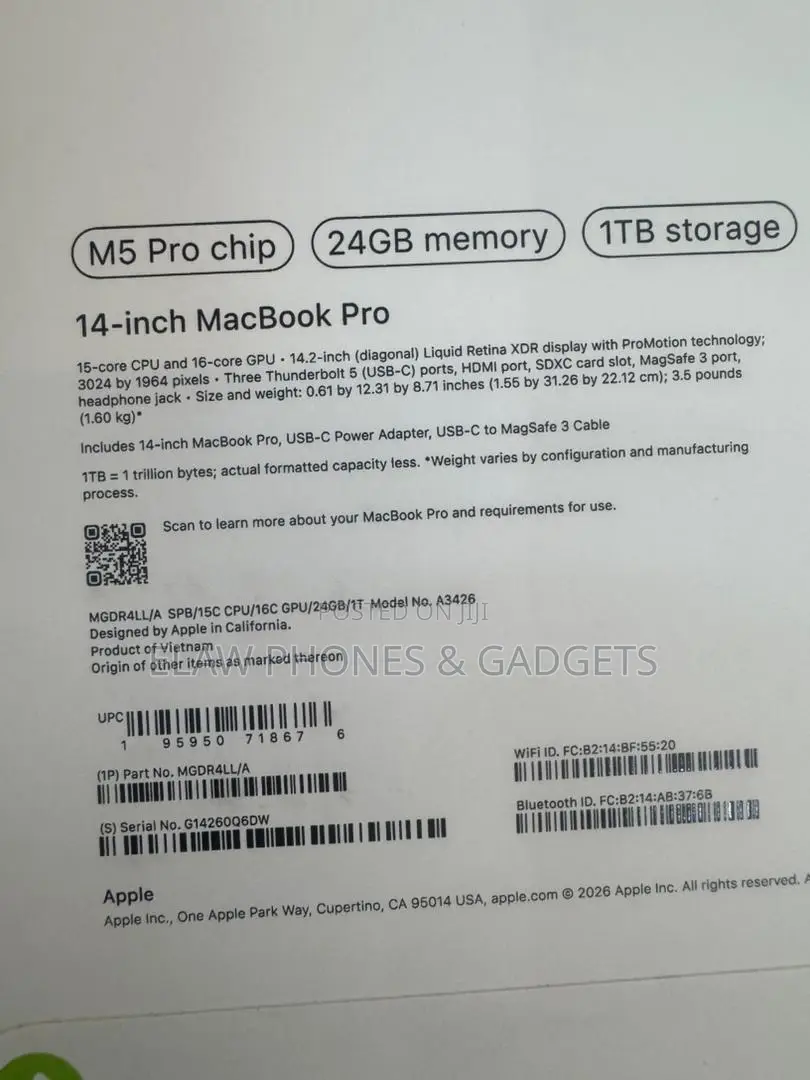 New Laptop Apple MacBook Pro 2026 M5 Pro 24GB Apple M5 Pro SSD 1T
