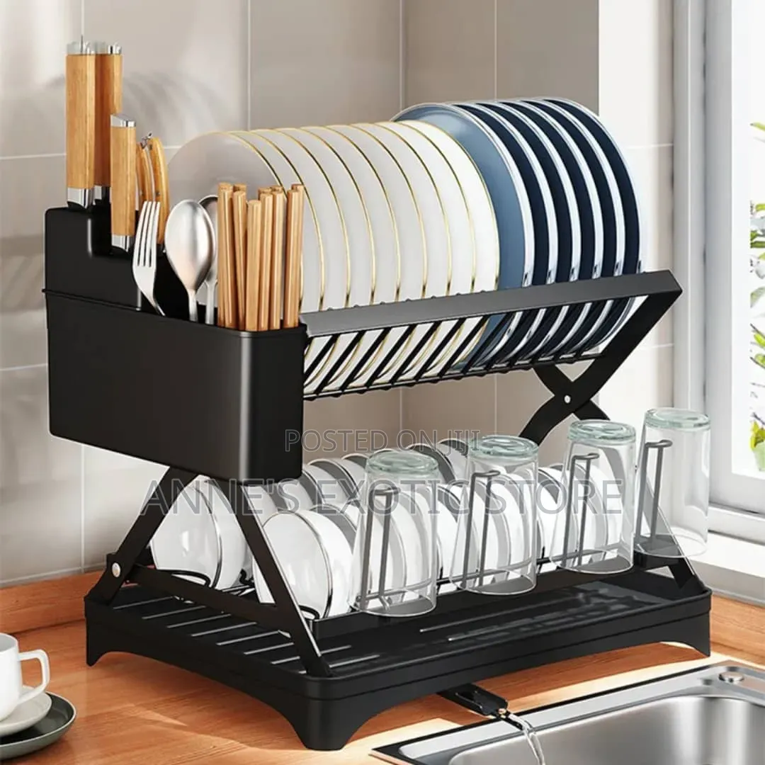 2-Tier Dish Drying Rack With Drip Tray Cutlery Holder