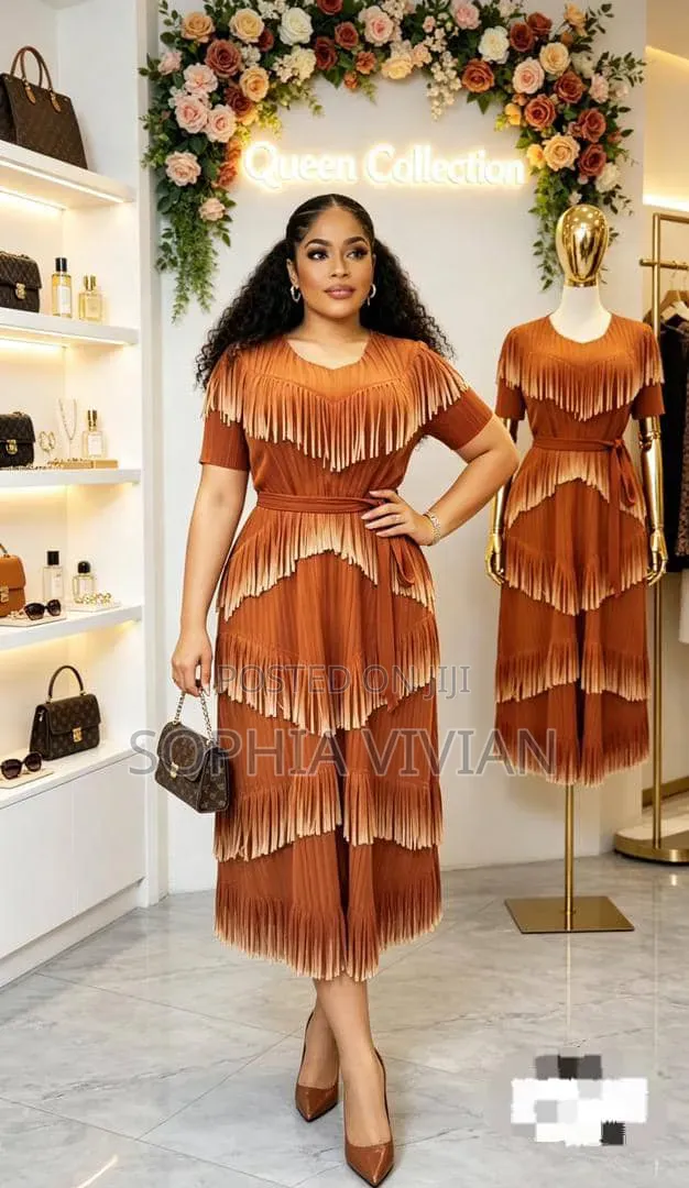 Pleated Garments, Tiered Fringe Midi Dress