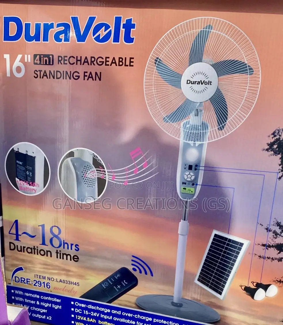Duravolt16" 4-in-1solar Rechargeable Fanwith Bluetoo,Radio Solar Panel