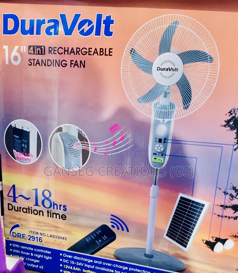 Duravolt16" 4-in-1solar Rechargeable Fanwith Bluetoo,Radio Solar Panel